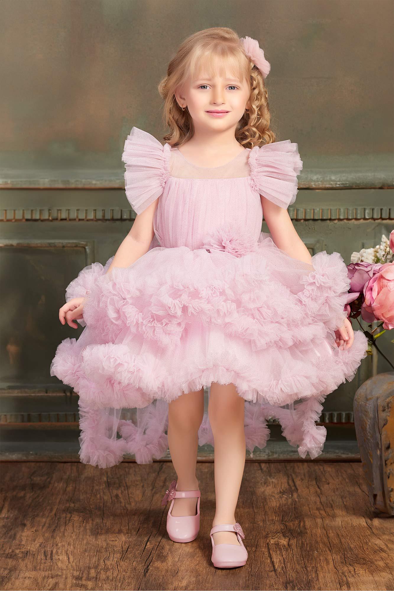 Baby Pink Netted Tailback Frock for Girls. - Lagorii Kids