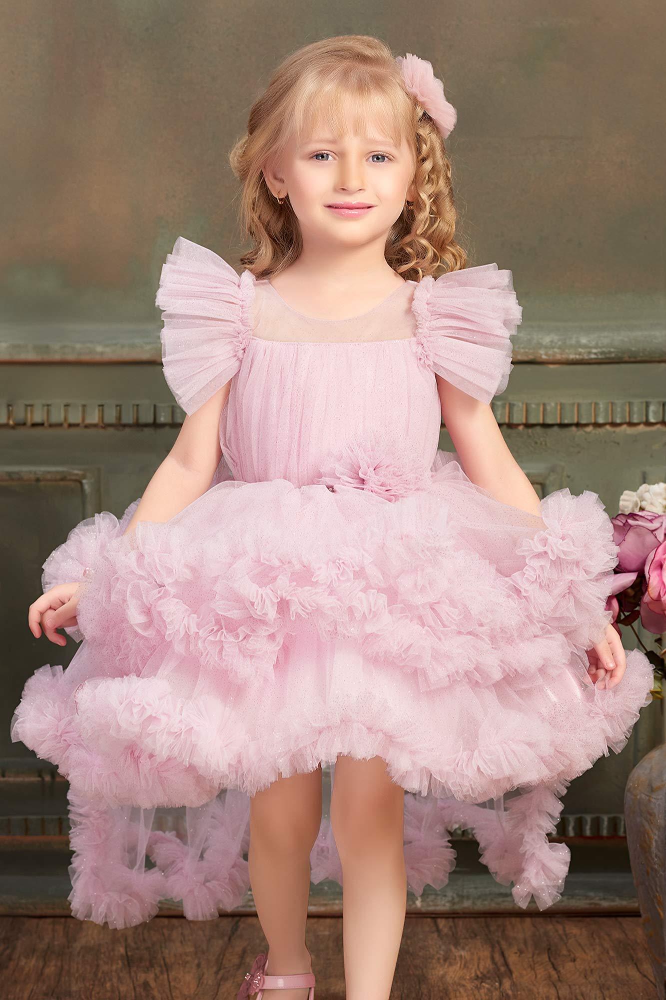 Baby Pink Netted Tailback Frock for Girls. - Lagorii Kids