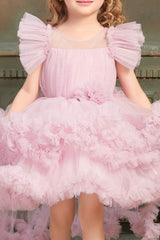 Baby Pink Netted Tailback Frock for Girls. - Lagorii Kids