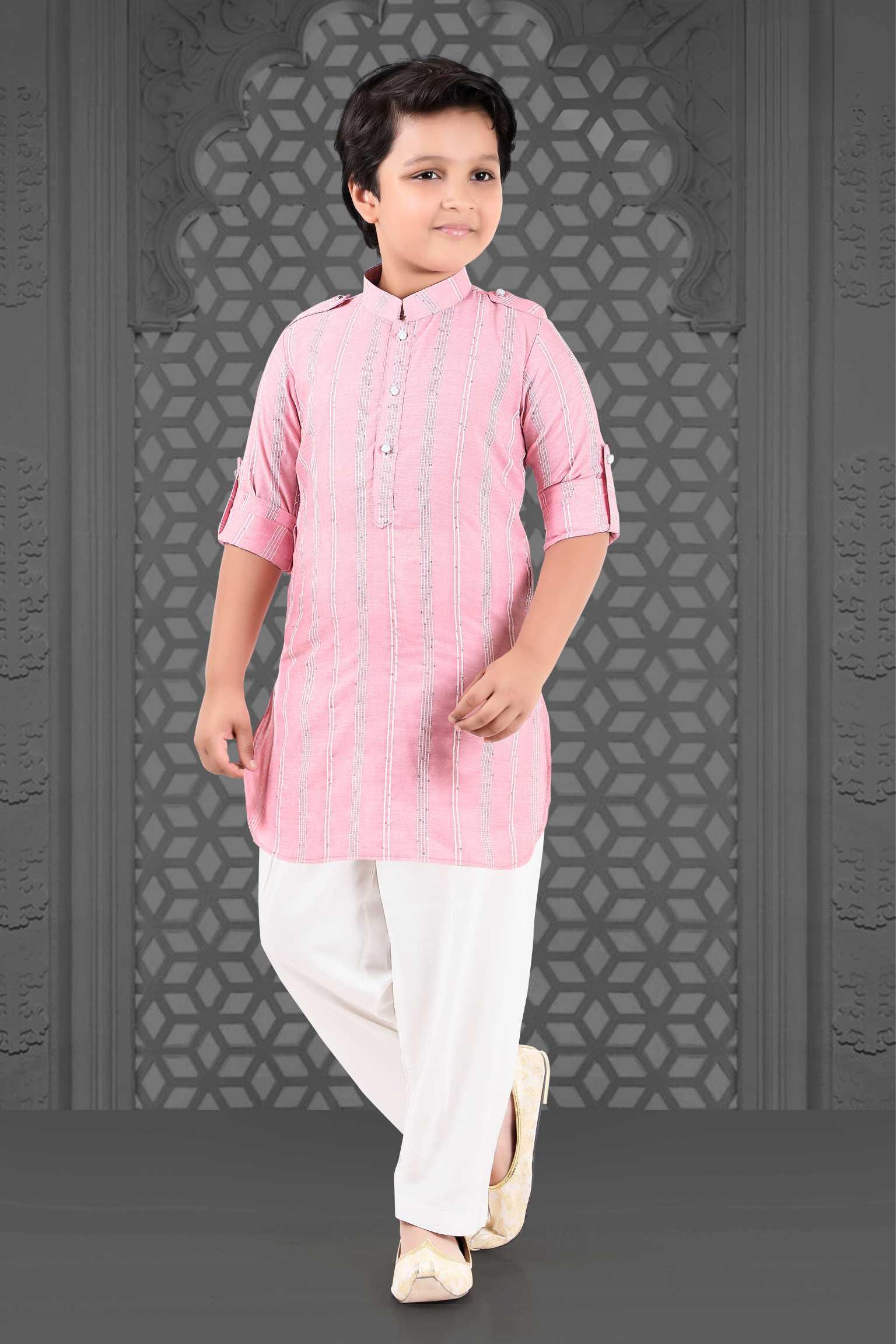 Pink Pathani Set With White Pant For Boys - Lagorii Kids