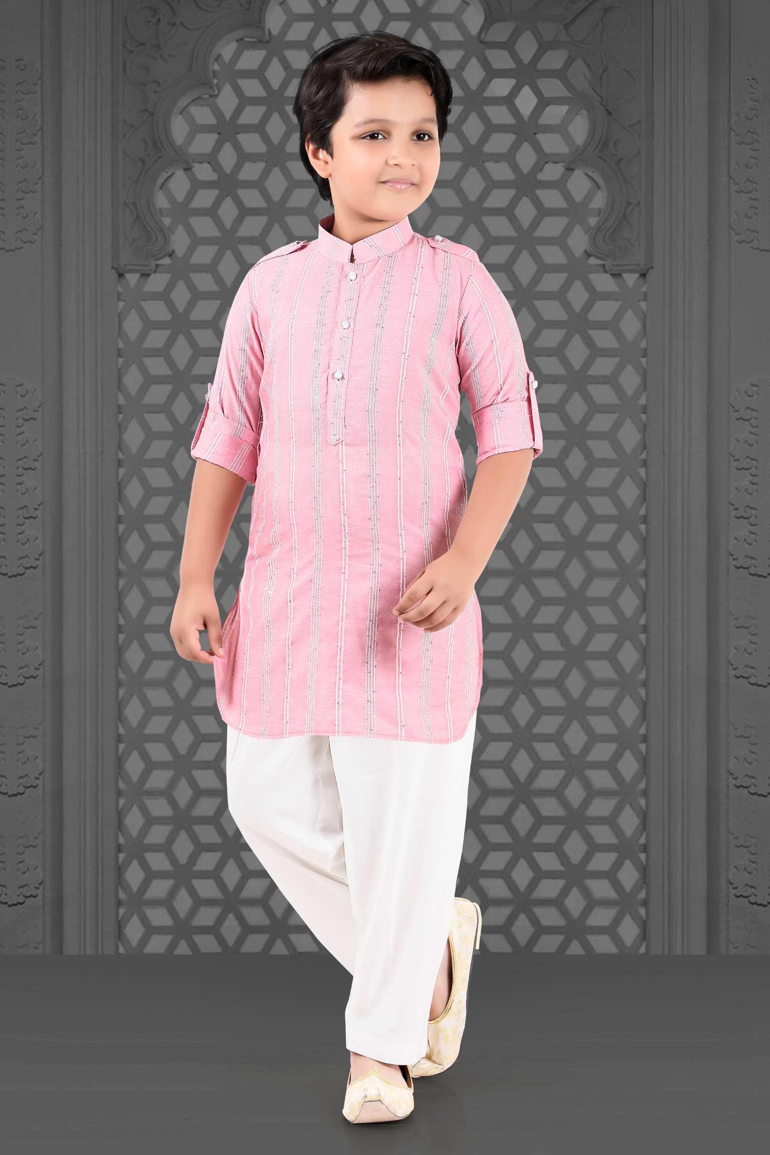 Pink Pathani Set With White Pant For Boys - Lagorii Kids