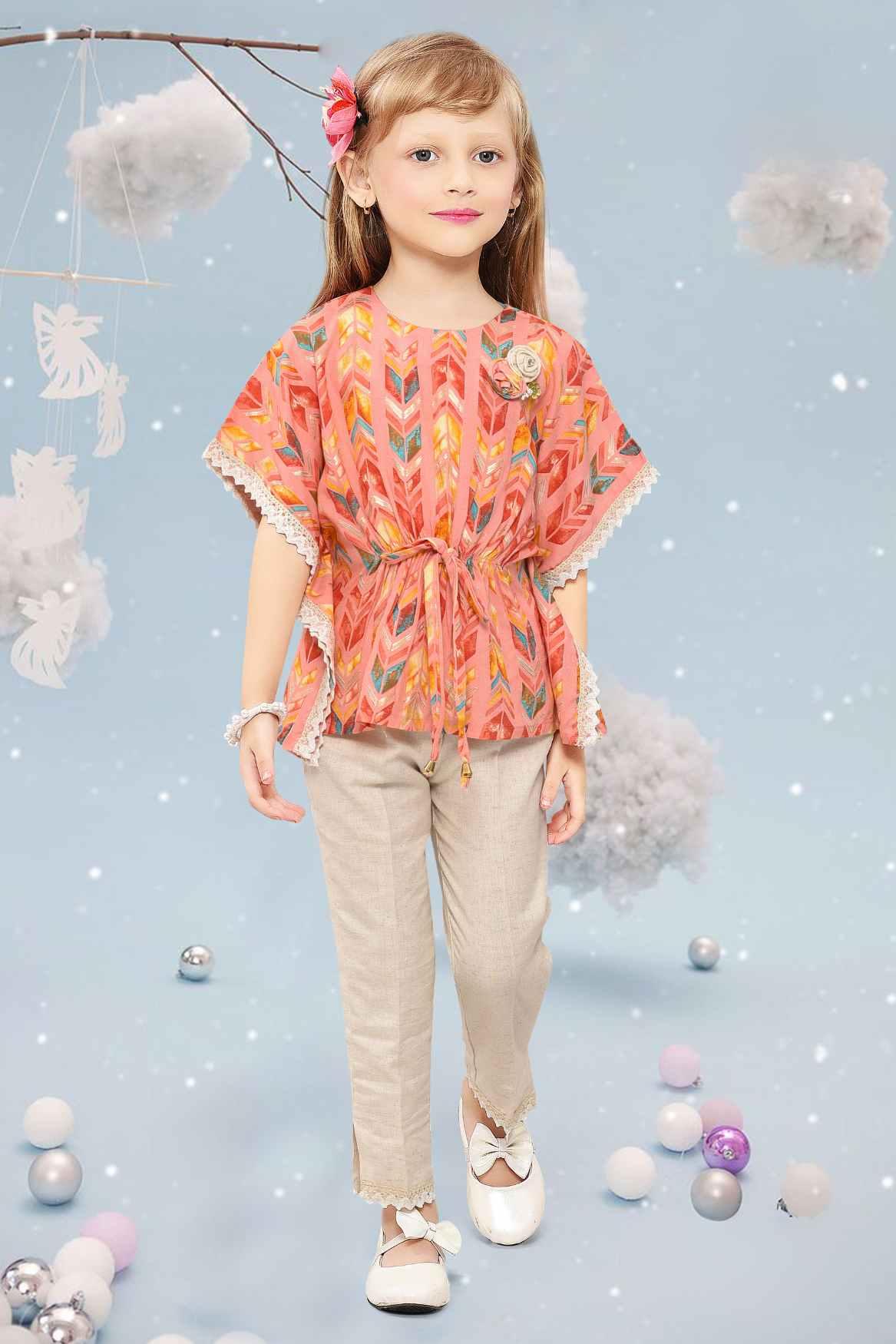Pink Printed Kaftan Top With Beige Straight Cut Pant For Girls - Lagorii Kids