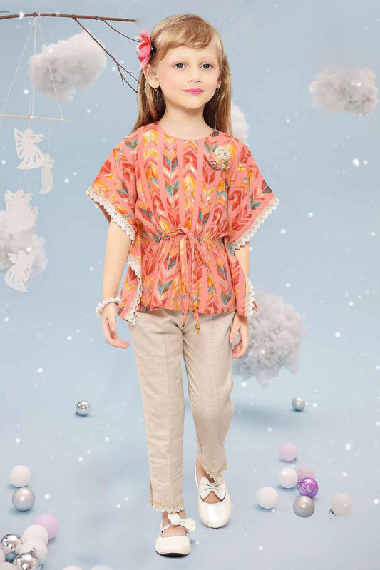 Pink Printed Kaftan Top With Beige Straight Cut Pant For Girls - Lagorii Kids
