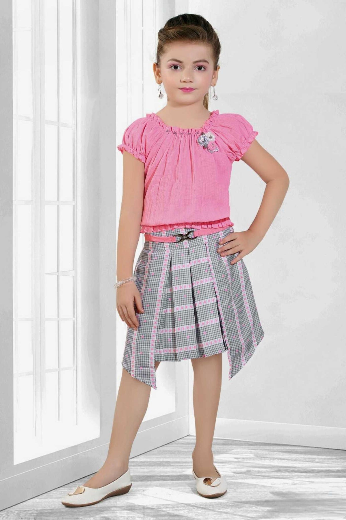 Pink Puffed Styled Top With Pleated Checked Skirt Set For Girls - Lagorii Kids