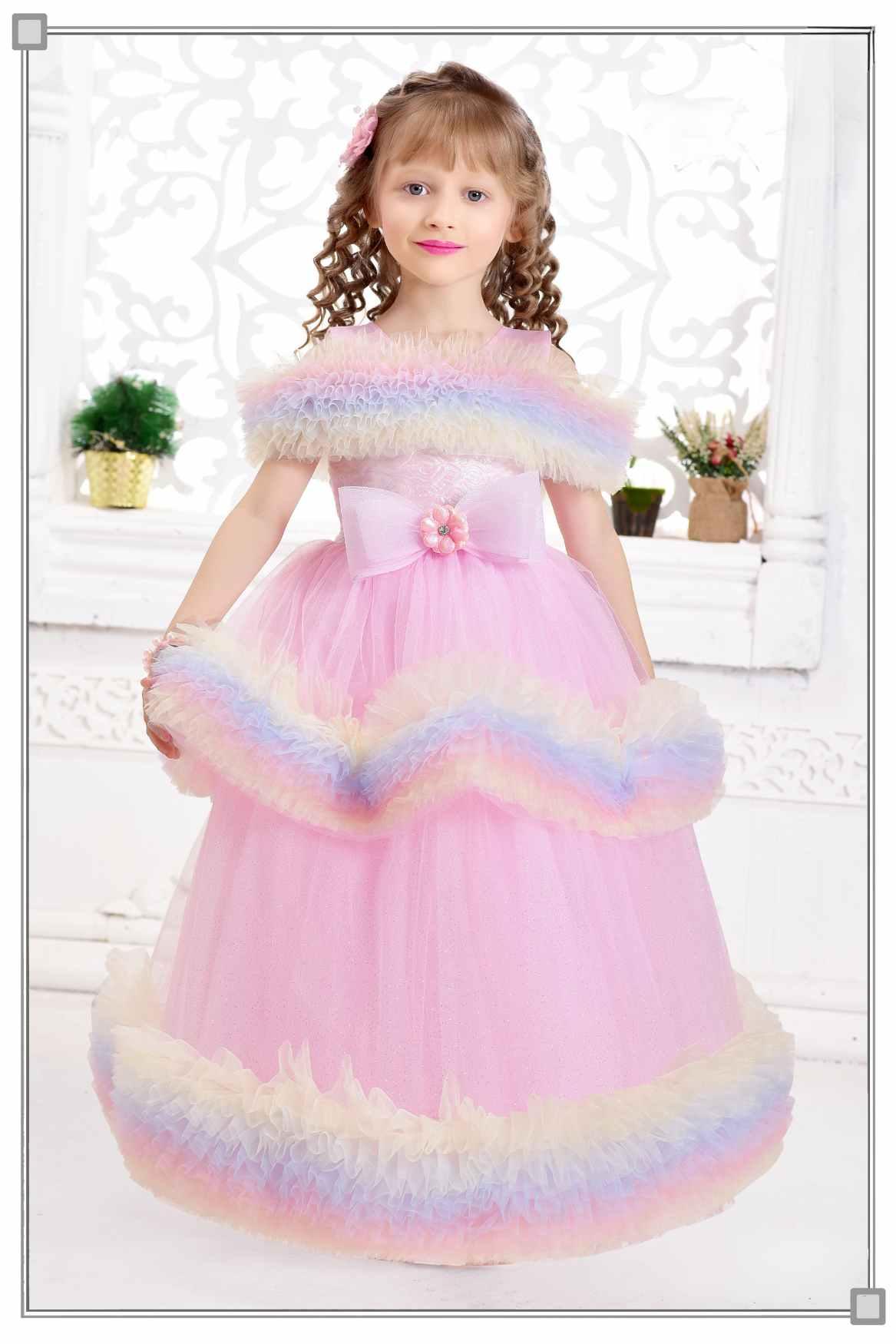 Pink Ruffle Net Gown With Bow Embellishment For Girls - Lagorii Kids