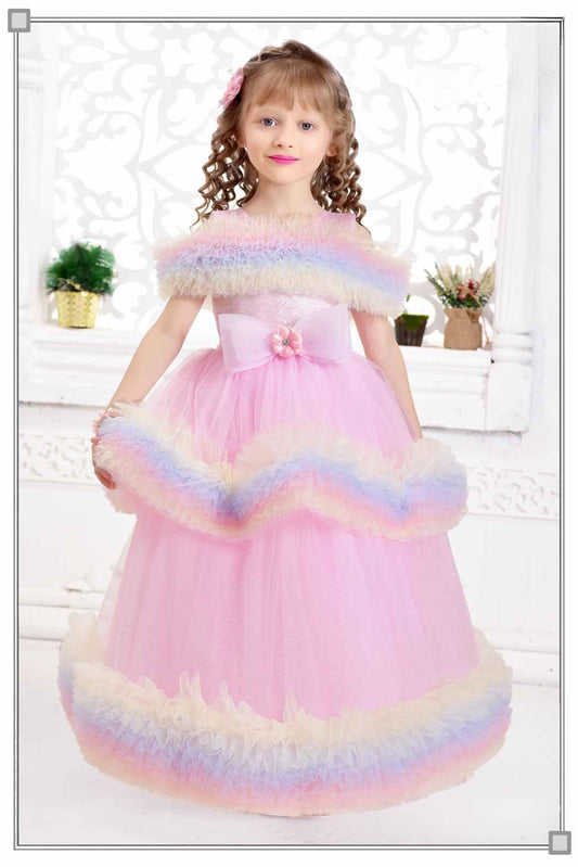 Pink Ruffle Net Gown With Bow Embellishment For Girls - Lagorii Kids