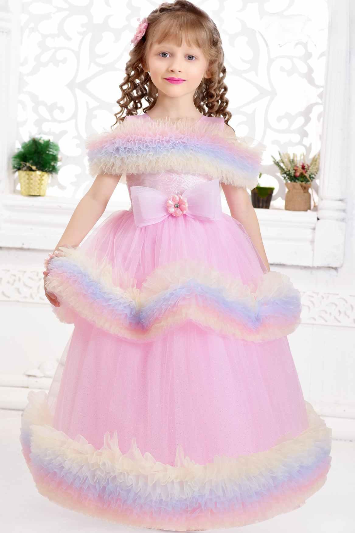 Pink Ruffle Net Gown With Bow Embellishment For Girls - Lagorii Kids