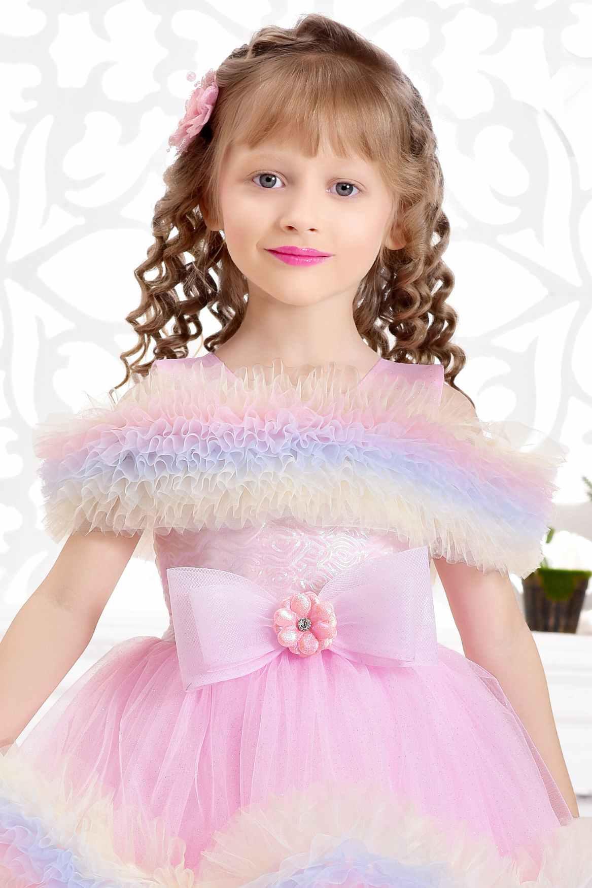 Pink Ruffle Net Gown With Bow Embellishment For Girls - Lagorii Kids