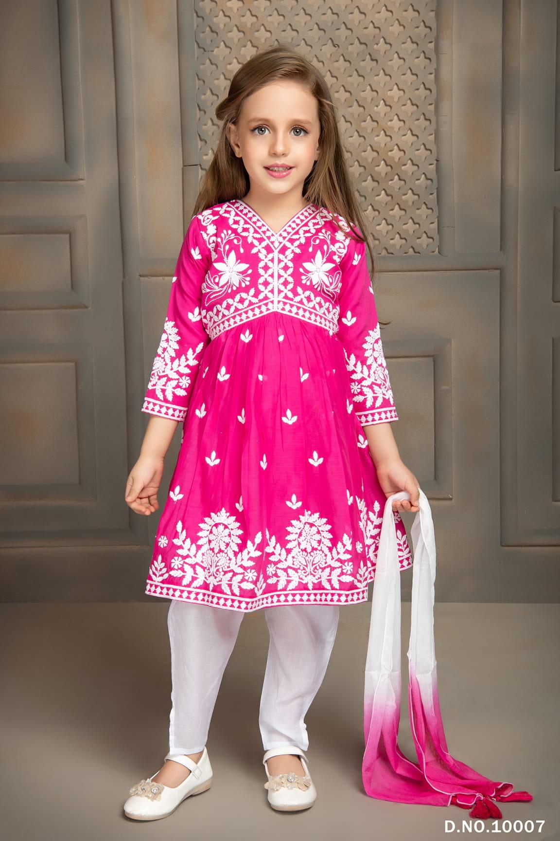 Pink Salwar Set With White Embroidery For Girls - Lagorii Kids