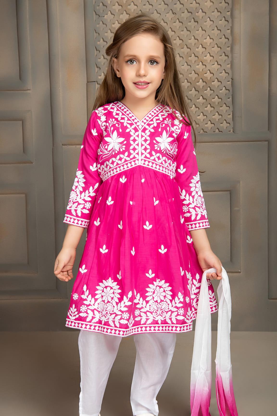 Pink Salwar Set With White Embroidery For Girls - Lagorii Kids
