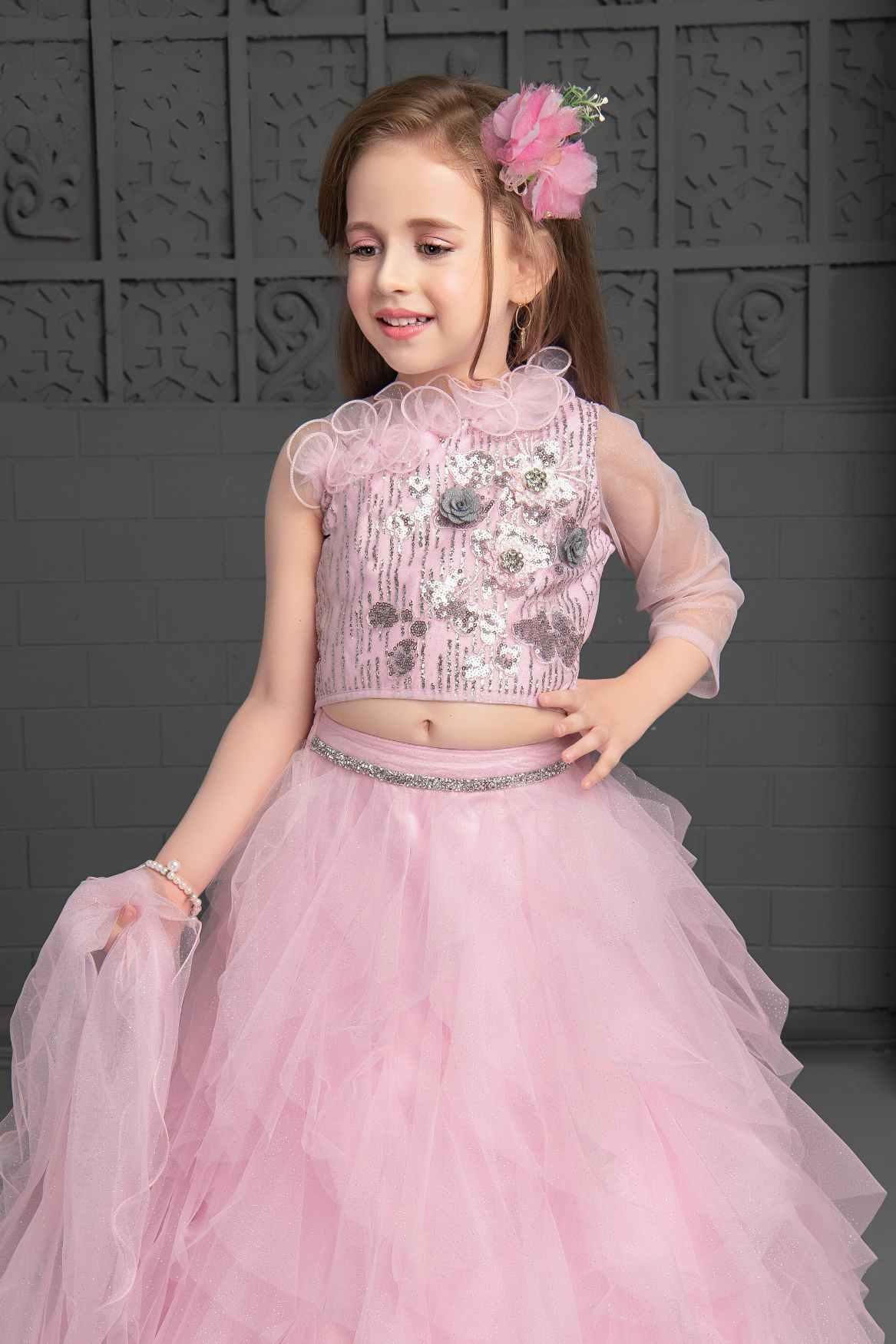 Pink Sequin Ghagra-Choli Set With Asymmetric Ruffled Sleeves For Girls - Lagorii Kids