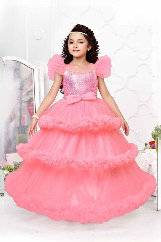 Pink Sequin Multilayered Ruffled Net Party Gown With Bow Embellishment For Girls - Lagorii Kids