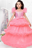 Pink Sequin Multilayered Ruffled Net Party Gown With Bow Embellishment For Girls - Lagorii Kids