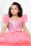 Pink Sequin Multilayered Ruffled Net Party Gown With Bow Embellishment For Girls - Lagorii Kids