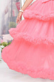 Pink Sequin Multilayered Ruffled Net Party Gown With Bow Embellishment For Girls - Lagorii Kids