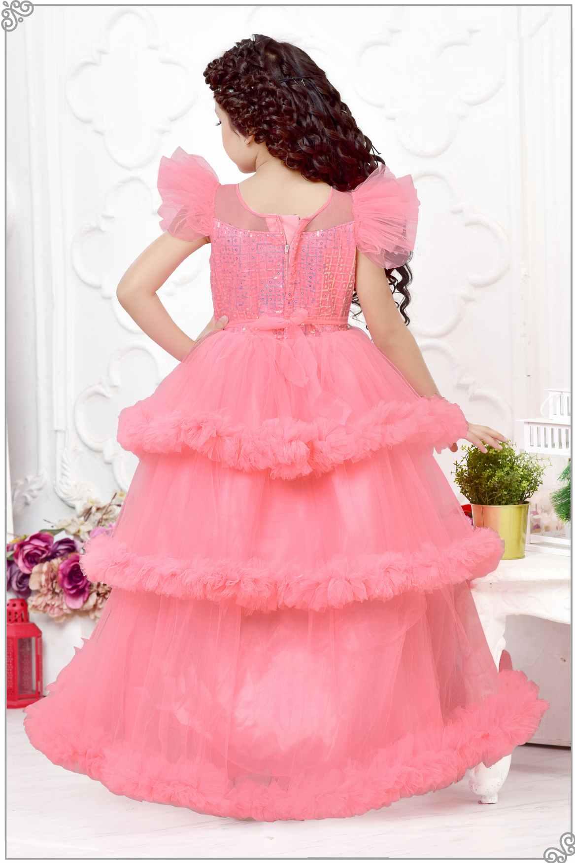 Pink Sequin Multilayered Ruffled Net Party Gown With Bow Embellishment For Girls - Lagorii Kids