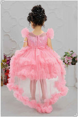 Pink Shimmer Net Tailback Frock With Bow Embellishment For Girls - Lagorii Kids