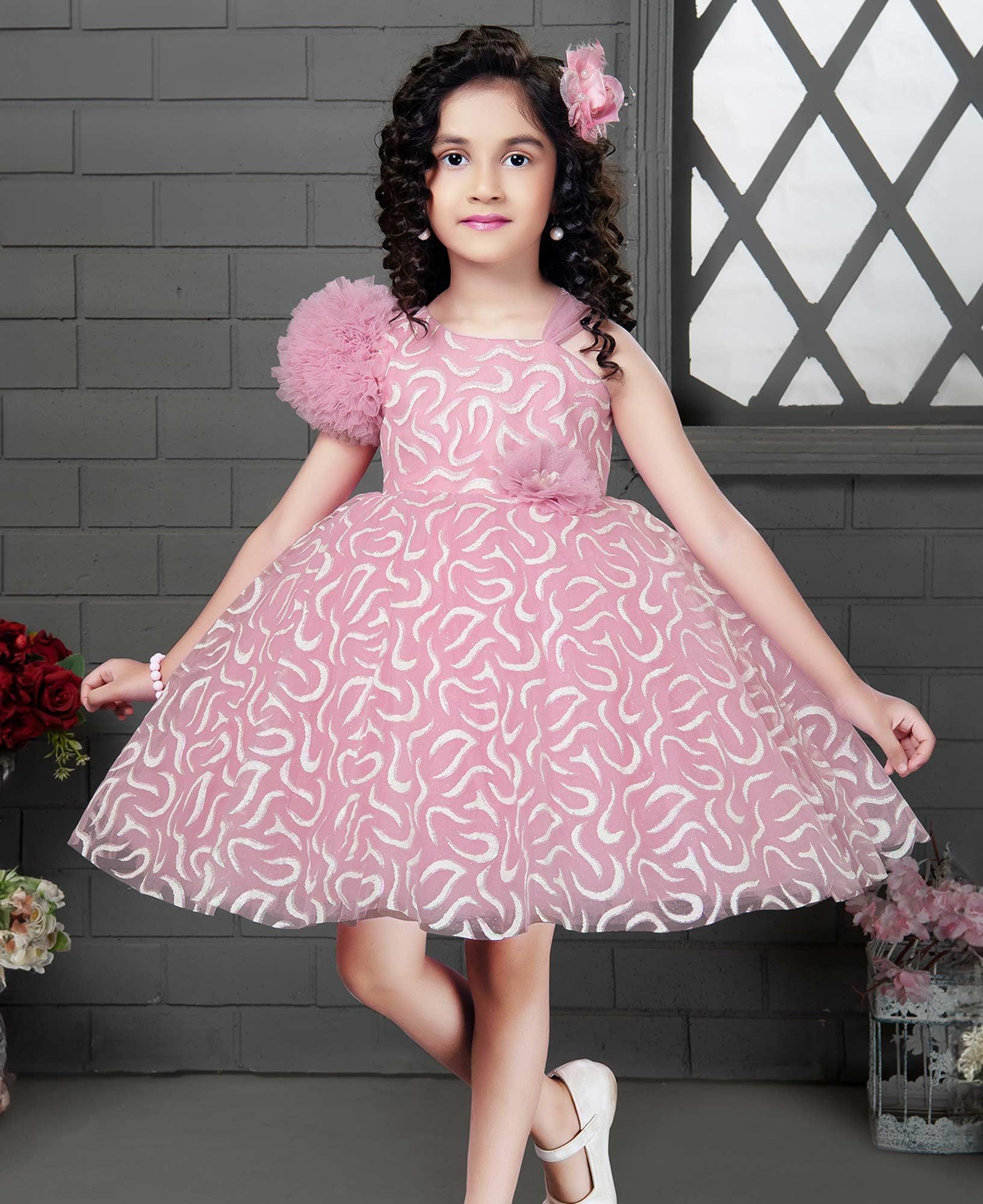 Onion Pink Silver Design Frock for Girls - Lagorii Kids