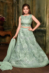 Pista Green Net Lehenga With Sequin Work For Girls - Lagorii Kids