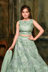 Pista Green Net Lehenga With Sequin Work For Girls - Lagorii Kids