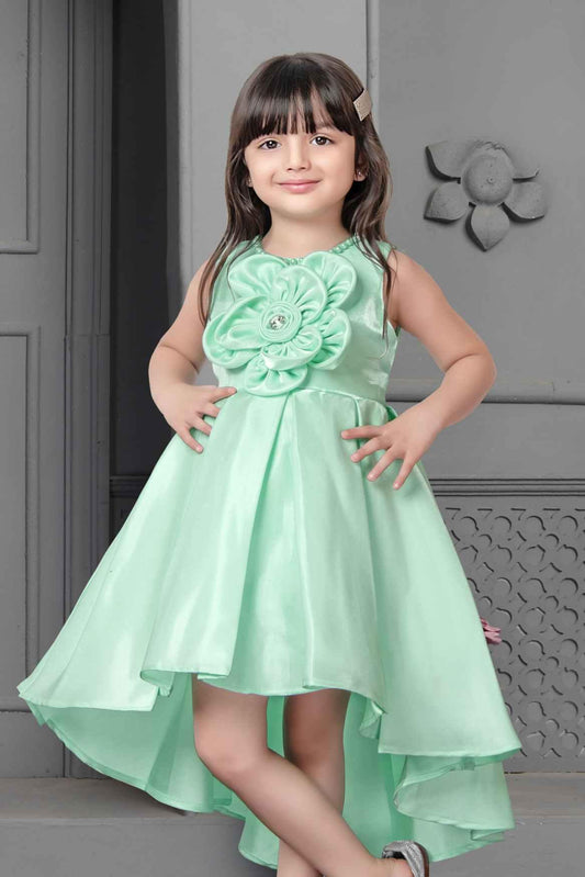 Pista Green Satin High Low Frock With Flower Embellishment - Lagorii Kids