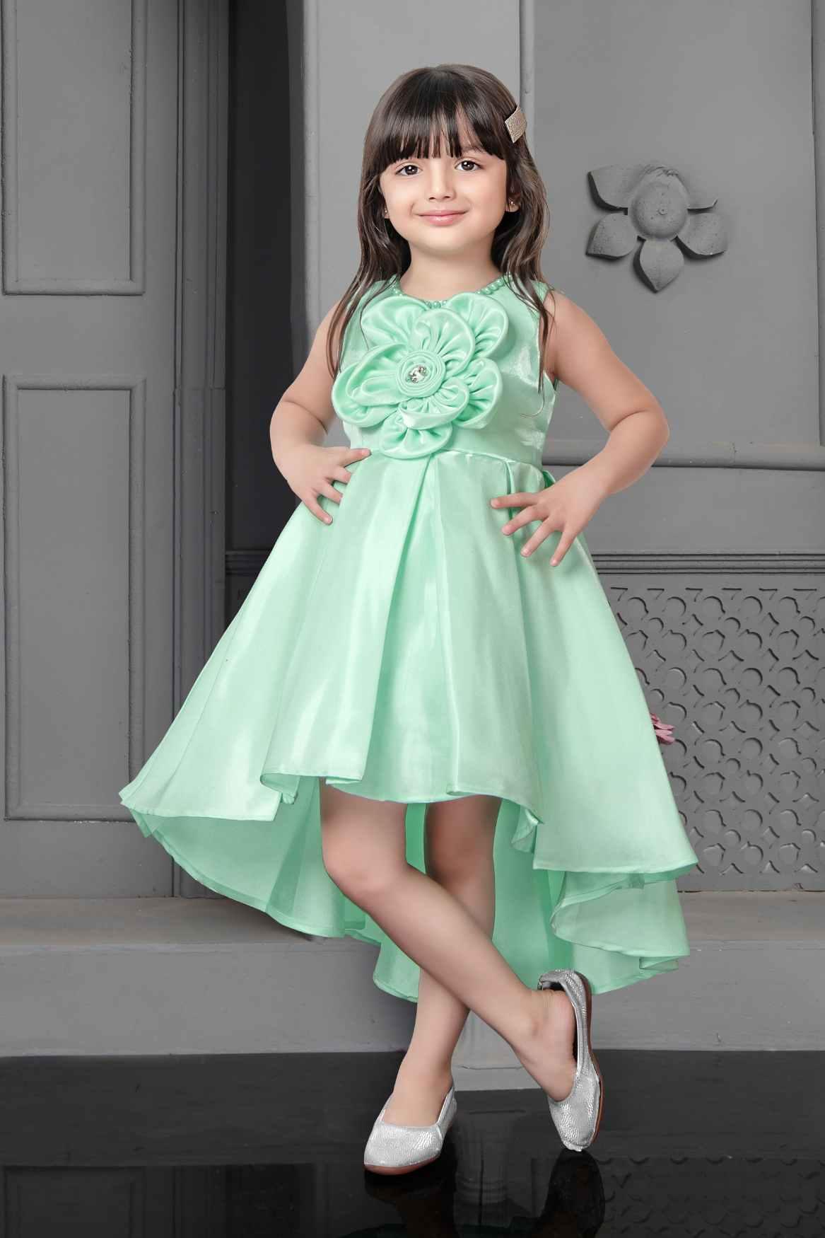 Pista Green Satin High Low Frock With Flower Embellishment - Lagorii Kids