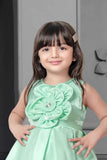 Pista Green Satin High Low Frock With Flower Embellishment - Lagorii Kids