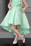 Pista Green Satin High Low Frock With Flower Embellishment - Lagorii Kids