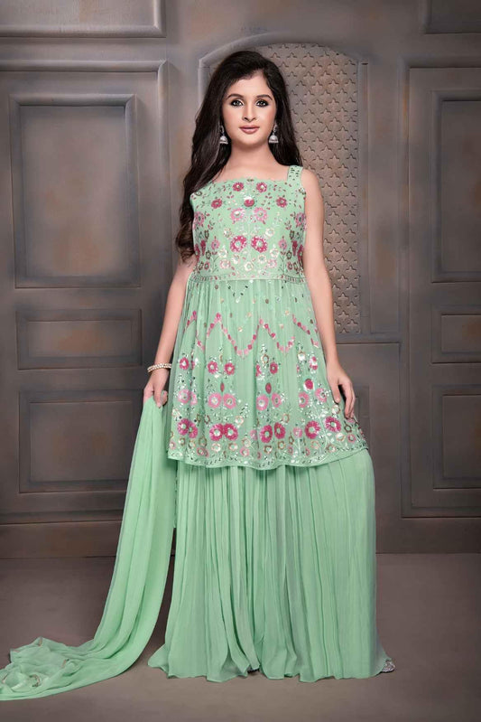 Pista Green Sharara Set With Floral Embroidery Work For Girls - Lagorii Kids