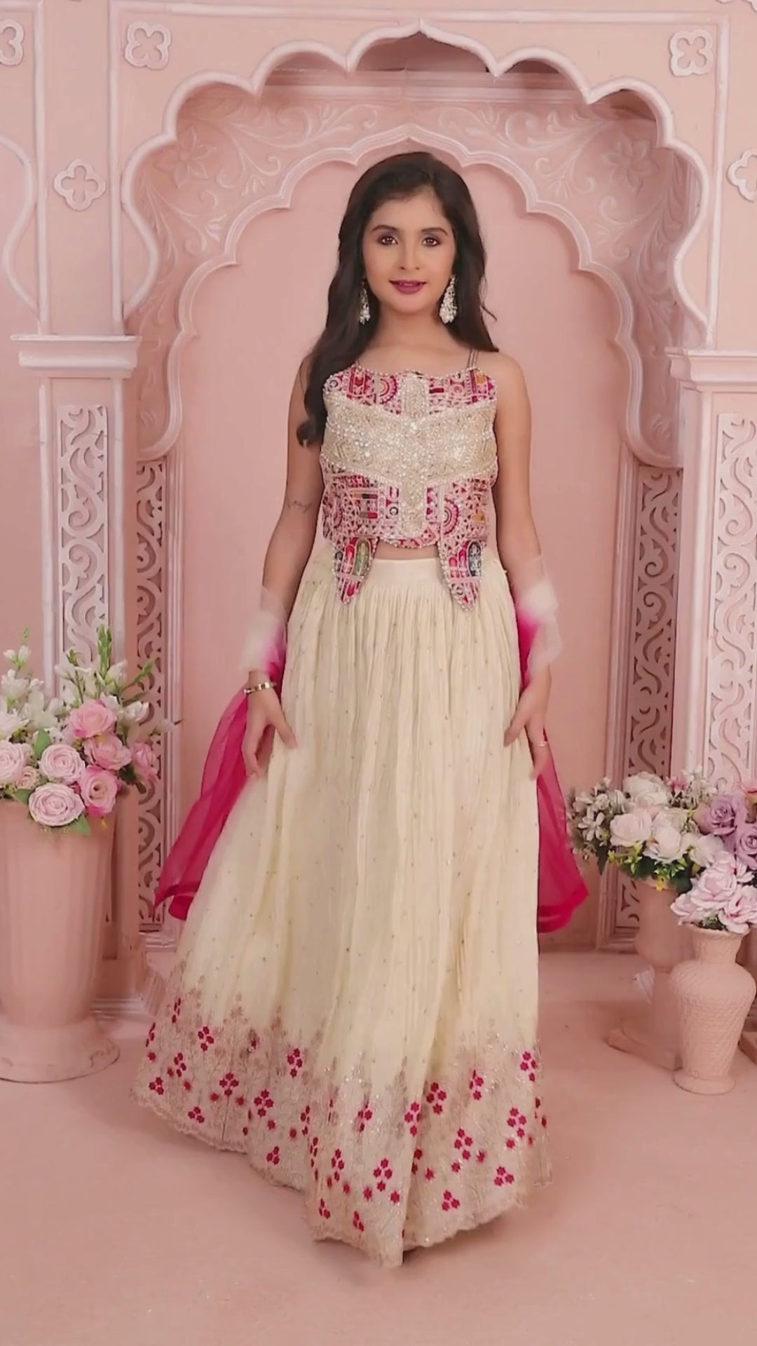 Ivory And Rani Pink Embroidered Lehenga Choli Set With Dupatta For Girls