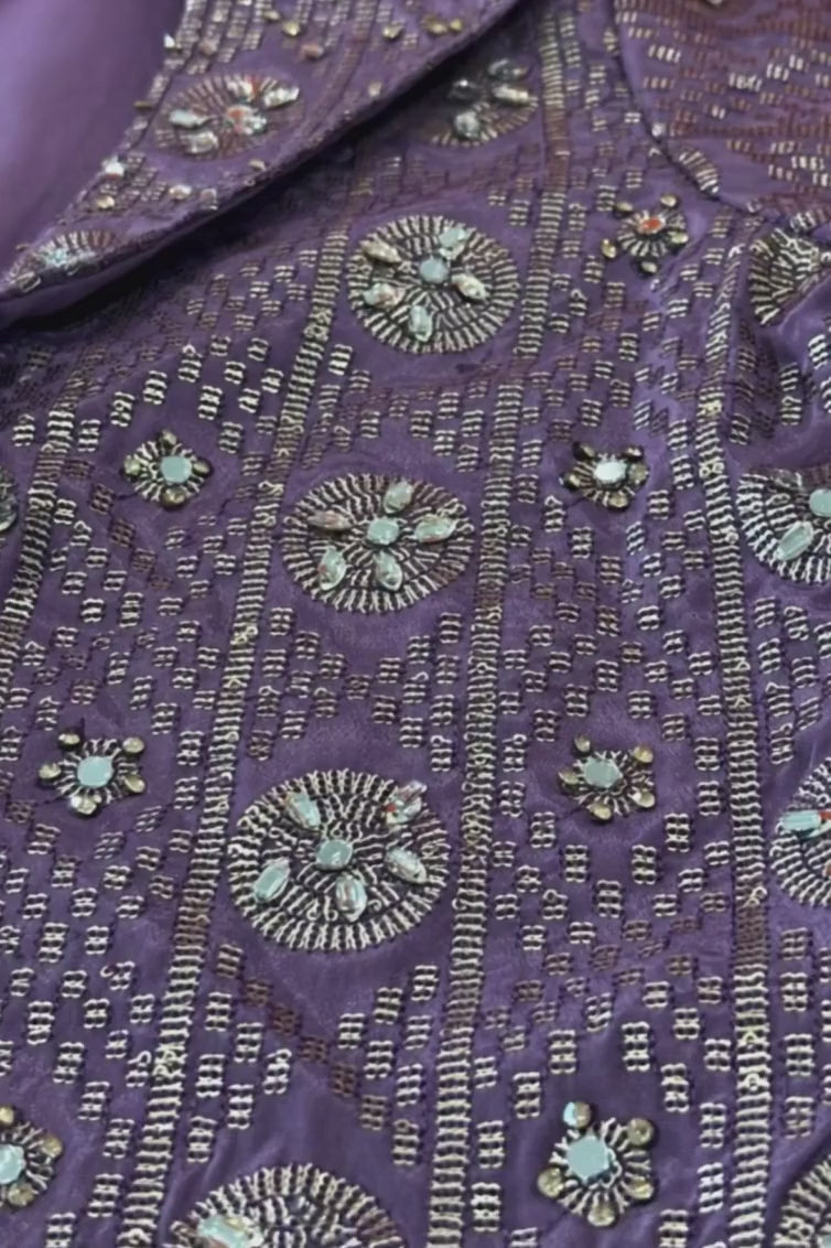 Lavender Embroidered Crop Top and Jacket Palazzo Set For Girls