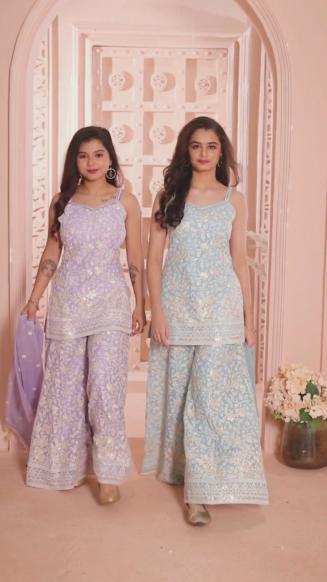 Lavender Embroidered Palazzo Set with Dupatta For Girls