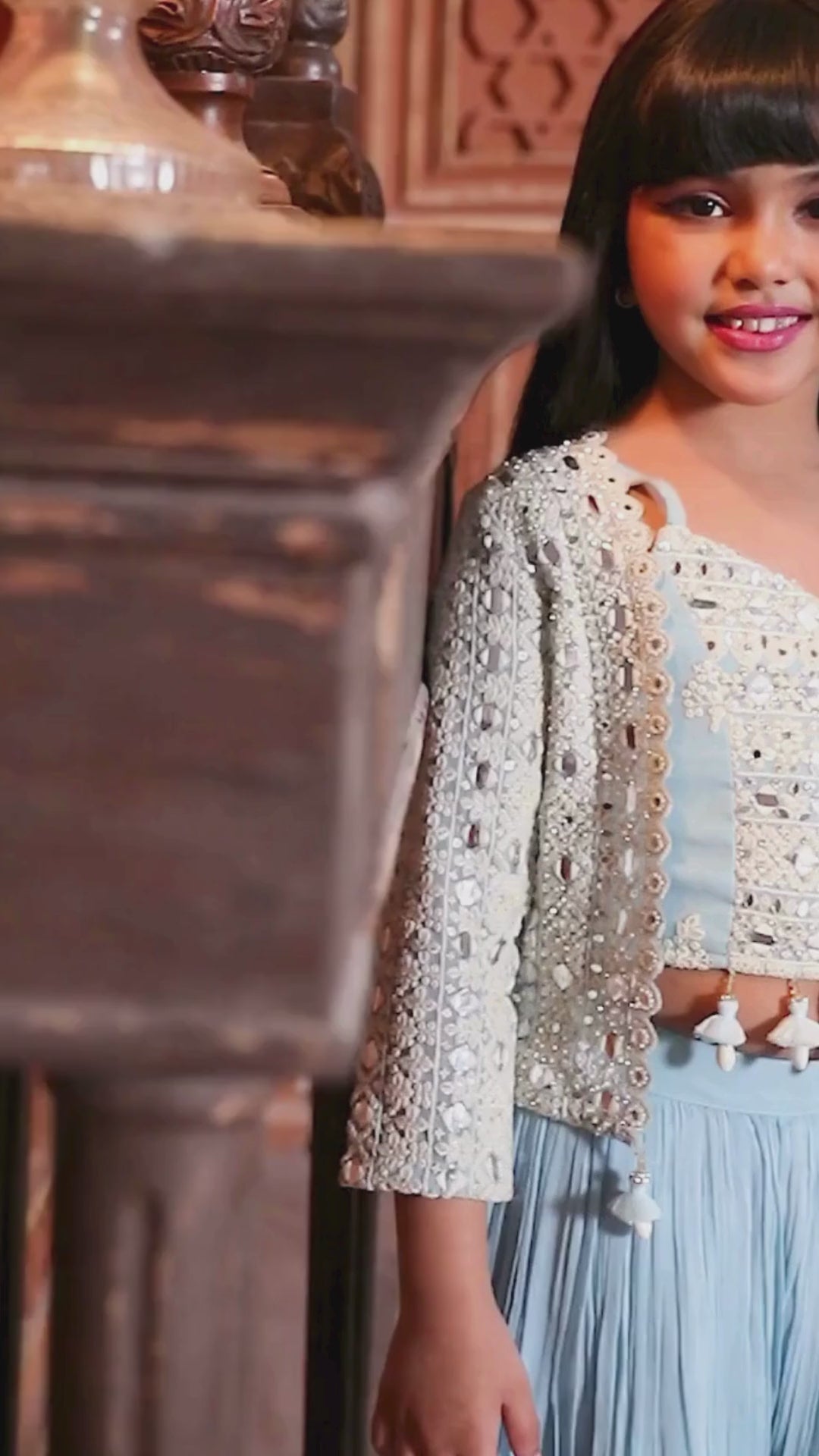 Sky Blue Embroidered Palazzo Set With Ethnic Jacket For Girls