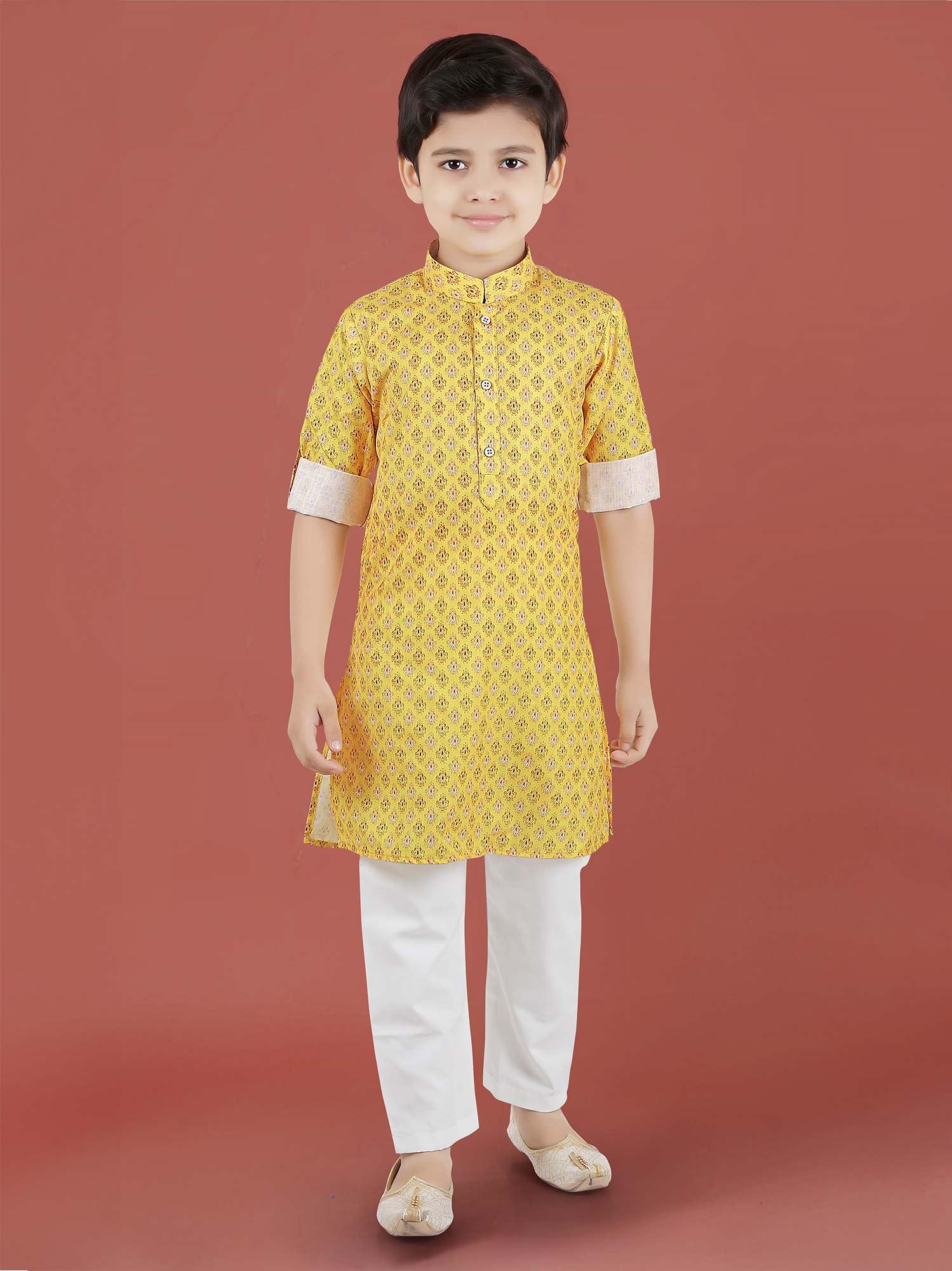 Printed Cotton Kurta Set in Yellow for Boys - Lagorii Kids