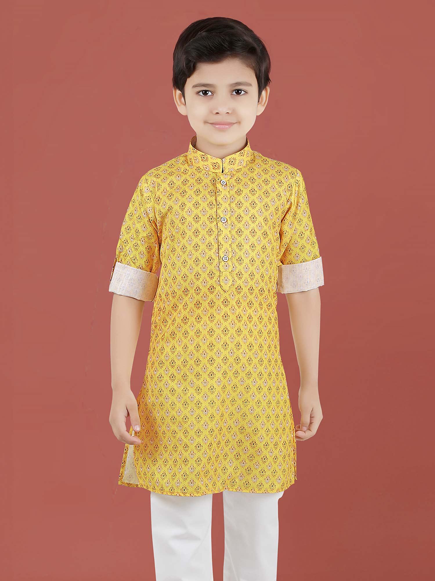 Printed Cotton Kurta Set in Yellow for Boys - Lagorii Kids