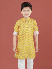 Printed Cotton Kurta Set in Yellow for Boys - Lagorii Kids