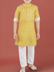Printed Cotton Kurta Set in Yellow for Boys - Lagorii Kids