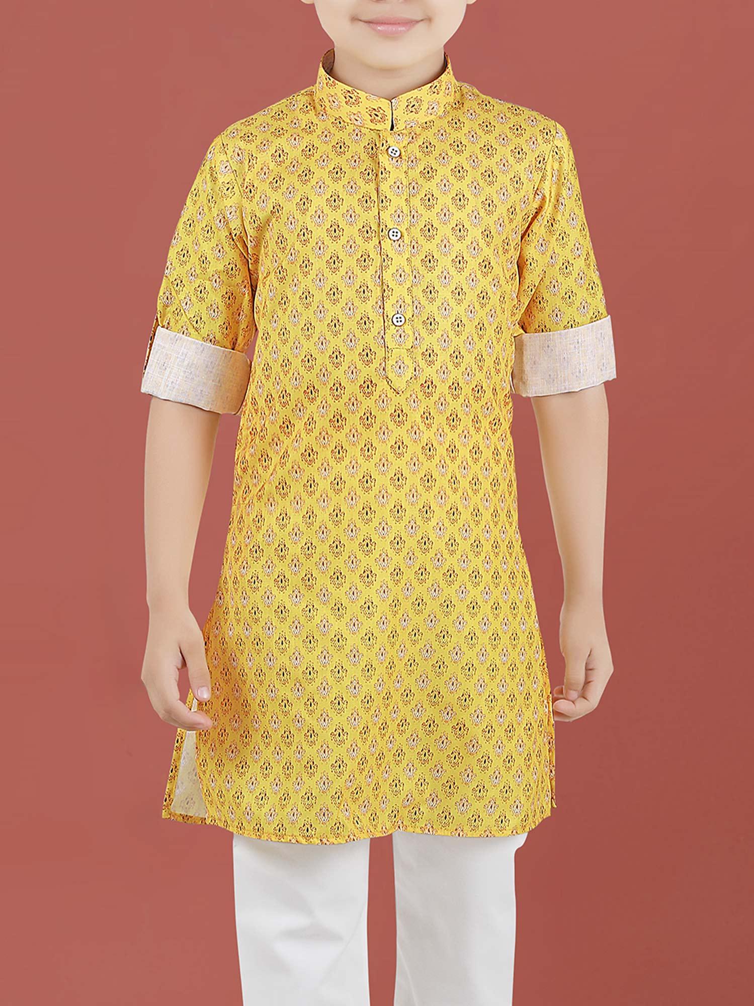 Printed Cotton Kurta Set in Yellow for Boys - Lagorii Kids