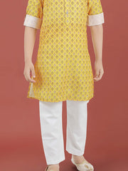 Printed Cotton Kurta Set in Yellow for Boys - Lagorii Kids