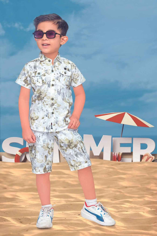 Printed White Co-Ord Shirt And Shorts Set For Boys - Lagorii Kids