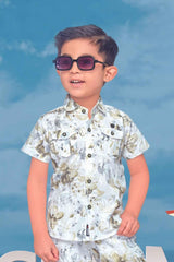 Printed White Co-Ord Shirt And Shorts Set For Boys - Lagorii Kids