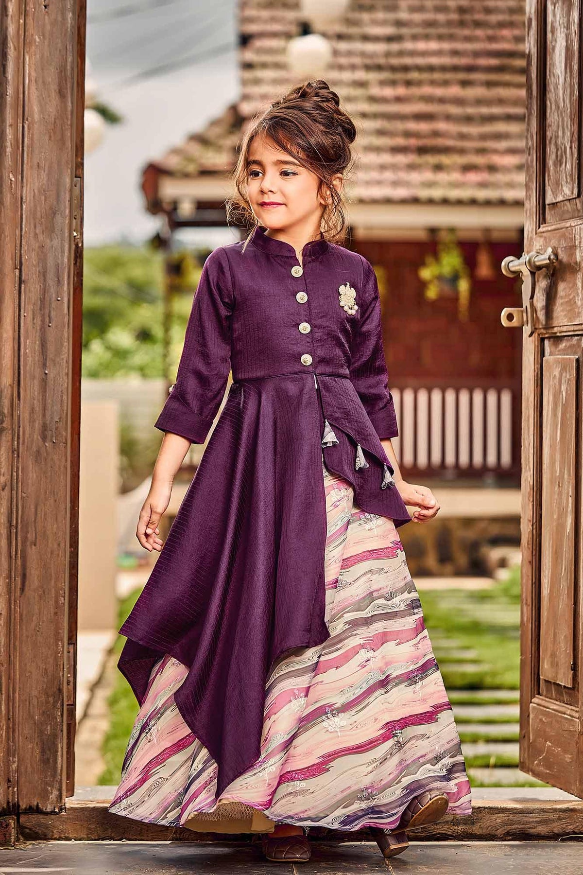 Purple asymmetric Lehenga Choli for Girls - Lagorii Kids