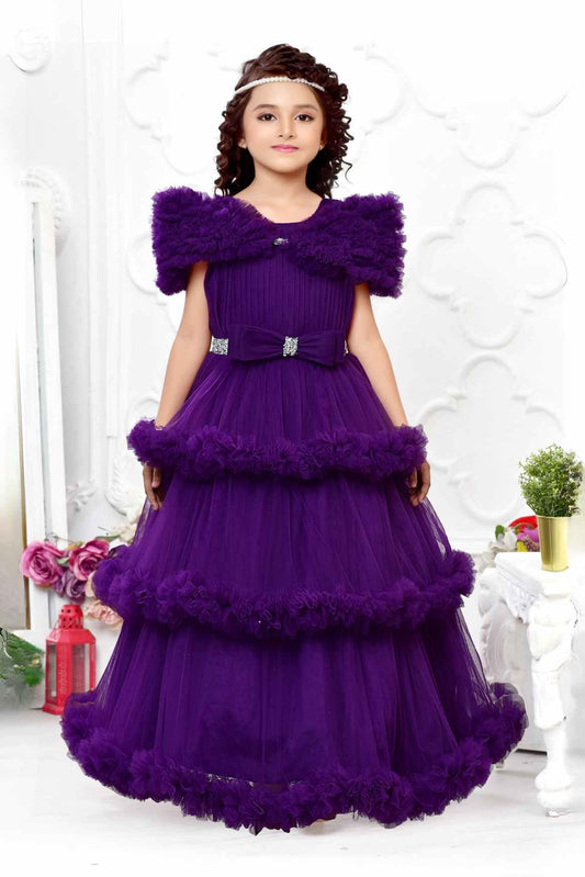 Purple Net Ruffled Multilayered Party Gown With Bow Embellishment For Girls - Lagorii Kids