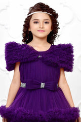 Purple Net Ruffled Multilayered Party Gown With Bow Embellishment For Girls - Lagorii Kids
