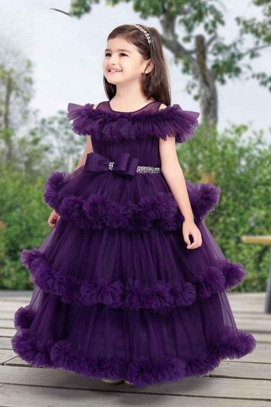 Purple Ruffled Net Party Gown With Bow Embellishment For Girls - Lagorii Kids