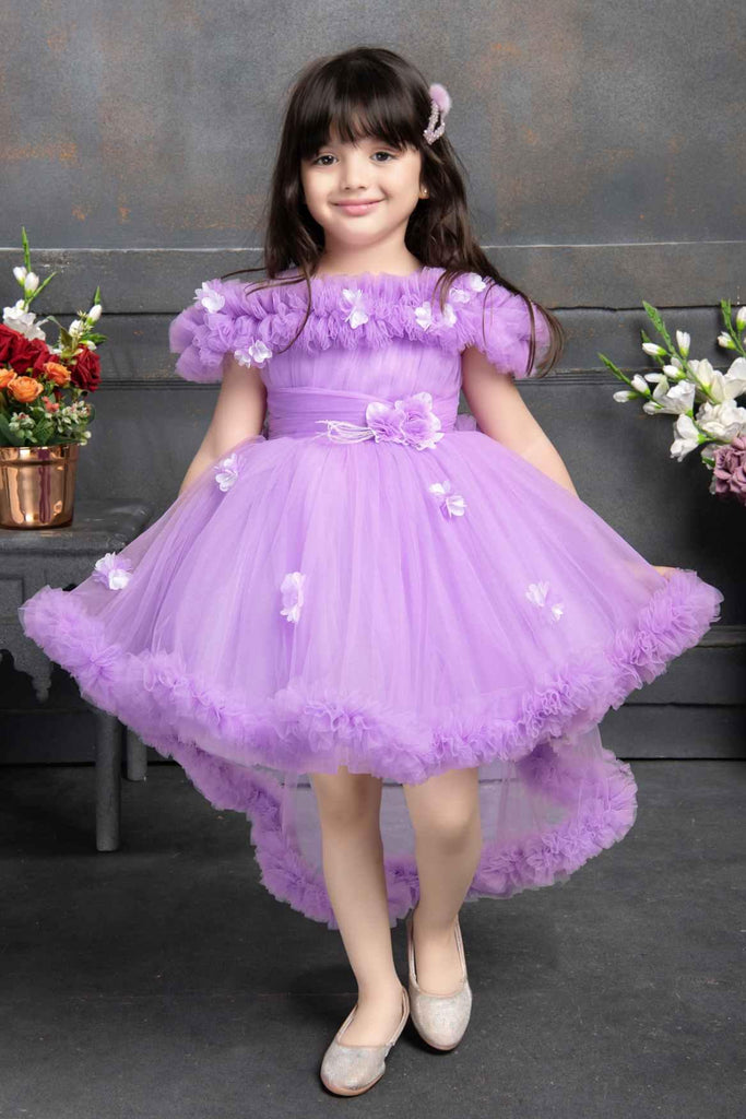 Purple Ruffled Net Tailback Frock With Floral And Butterfly Embellishm Lagorii Kids