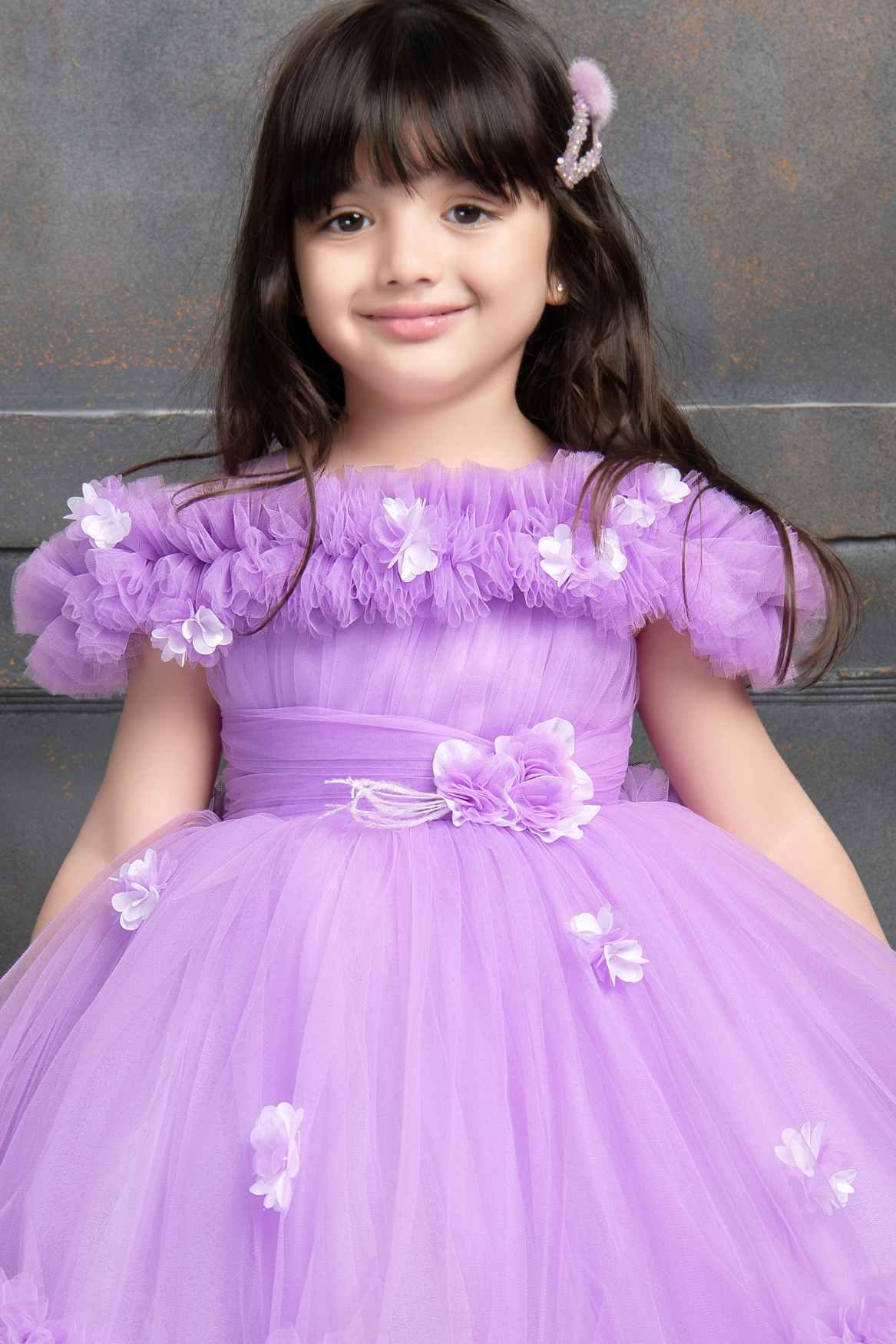 Purple Ruffled Net Tailback Frock With Floral And Butterfly Embellishment For Girls - Lagorii Kids