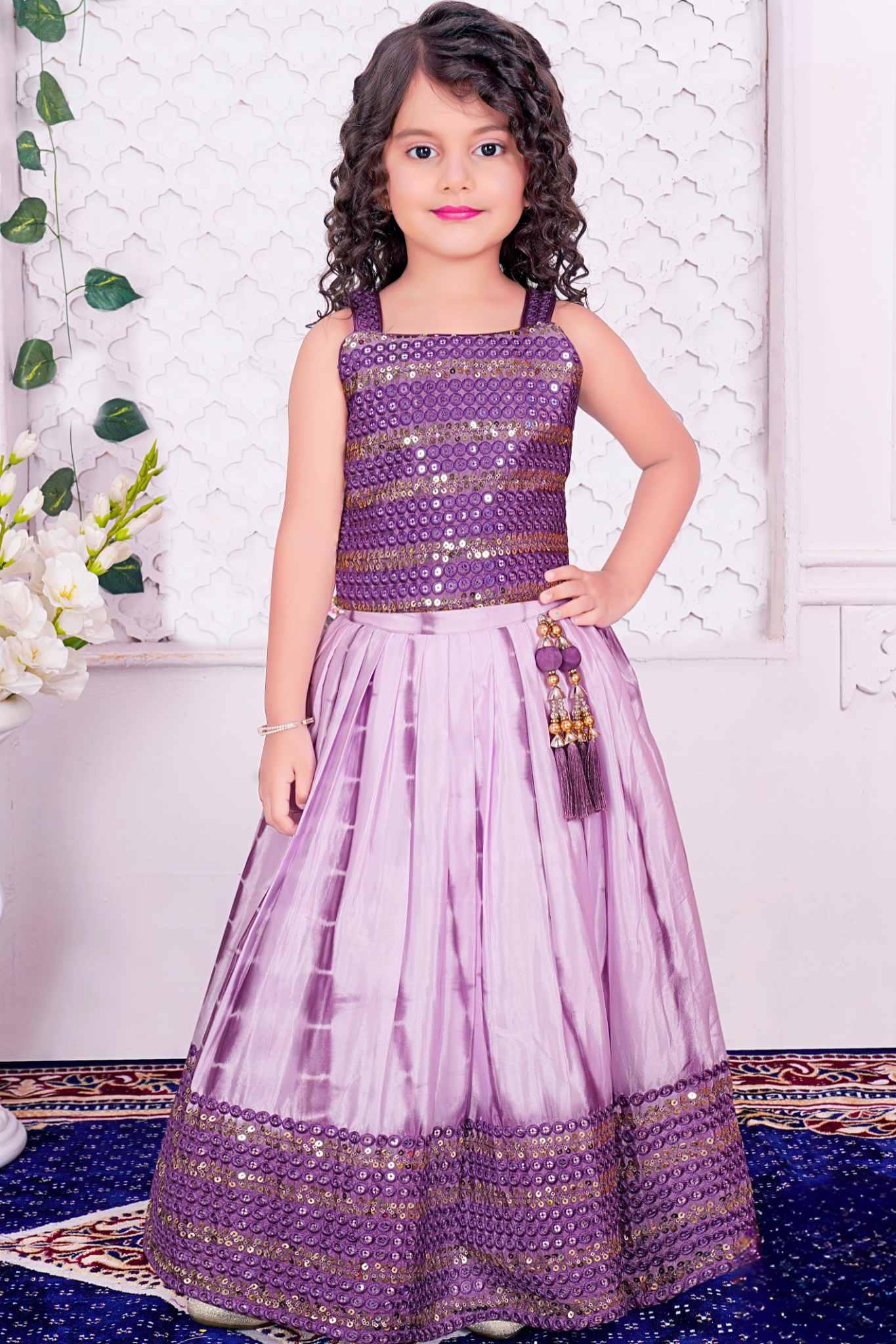Purple Tie And Dye Ghagra-Choli Set With Embroidery For Girls - Lagorii Kids
