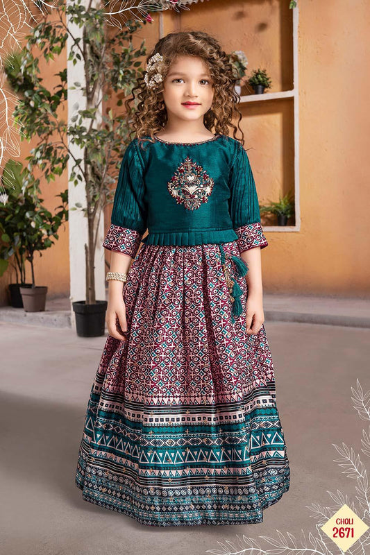 Emerald Green & Maroon Viscose Silk Floral Motifs Embroidered Lehenga Set  For Girls Design by Kalista kids at Pernia's Pop Up Shop 2024