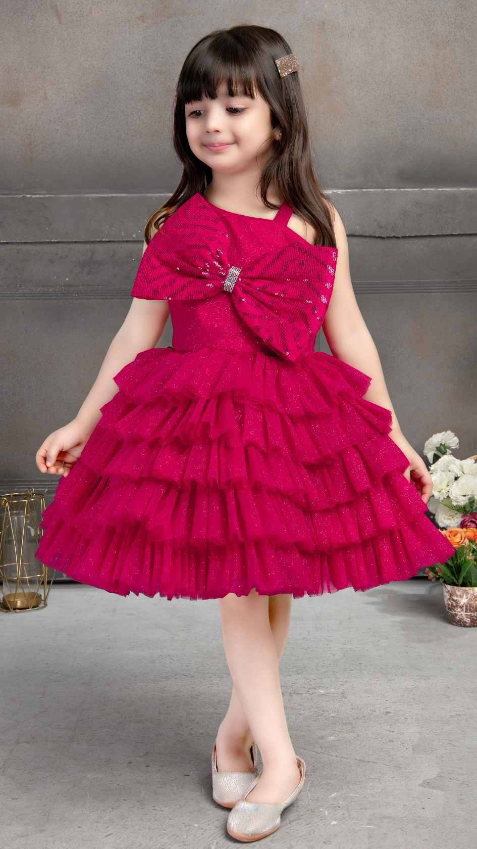 Rani Pink Multilayer Net Ruffled Partywear Frock With Bow Embellishment For Girls - Lagorii Kids